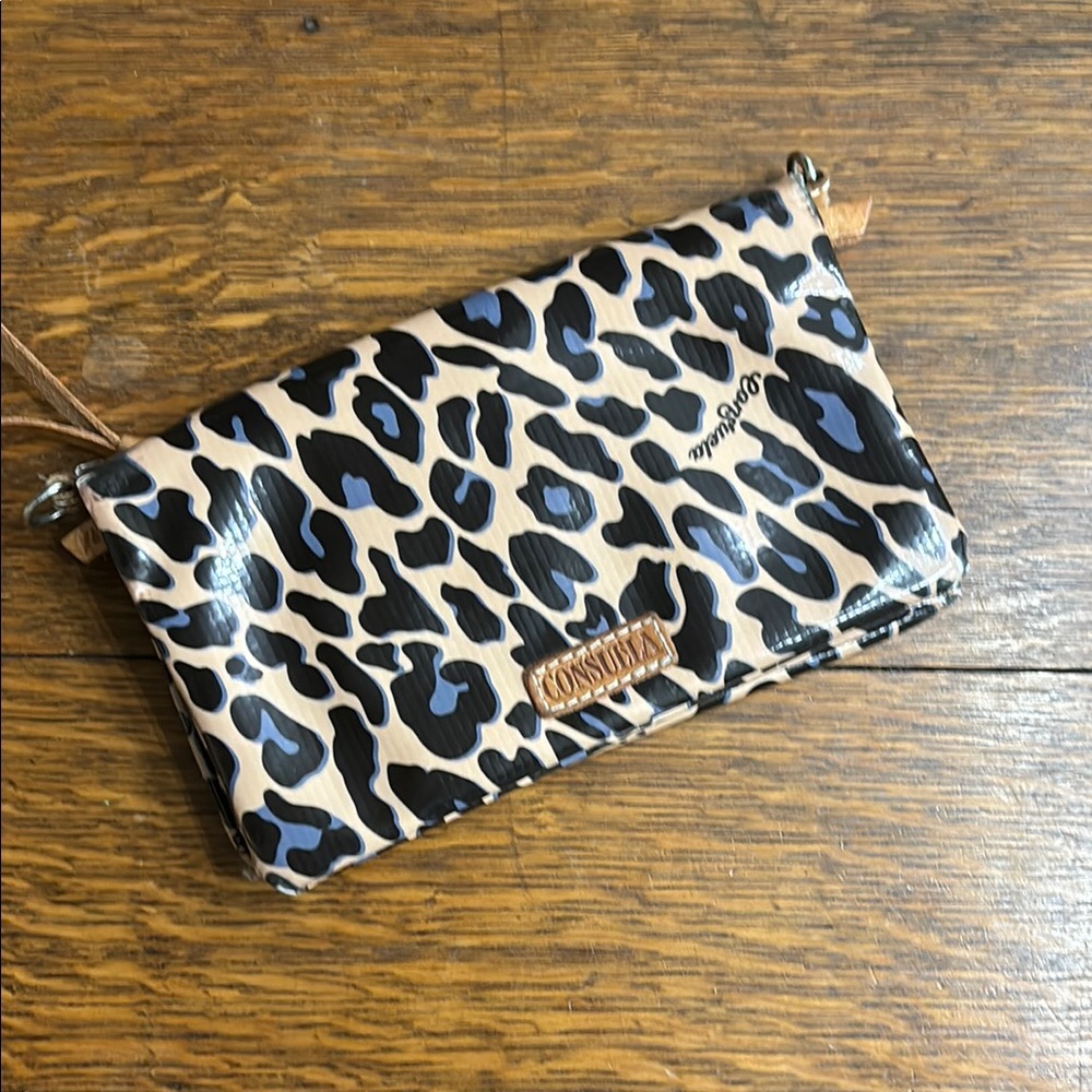 Consuela Leopard Print Clutch with Blue Accents